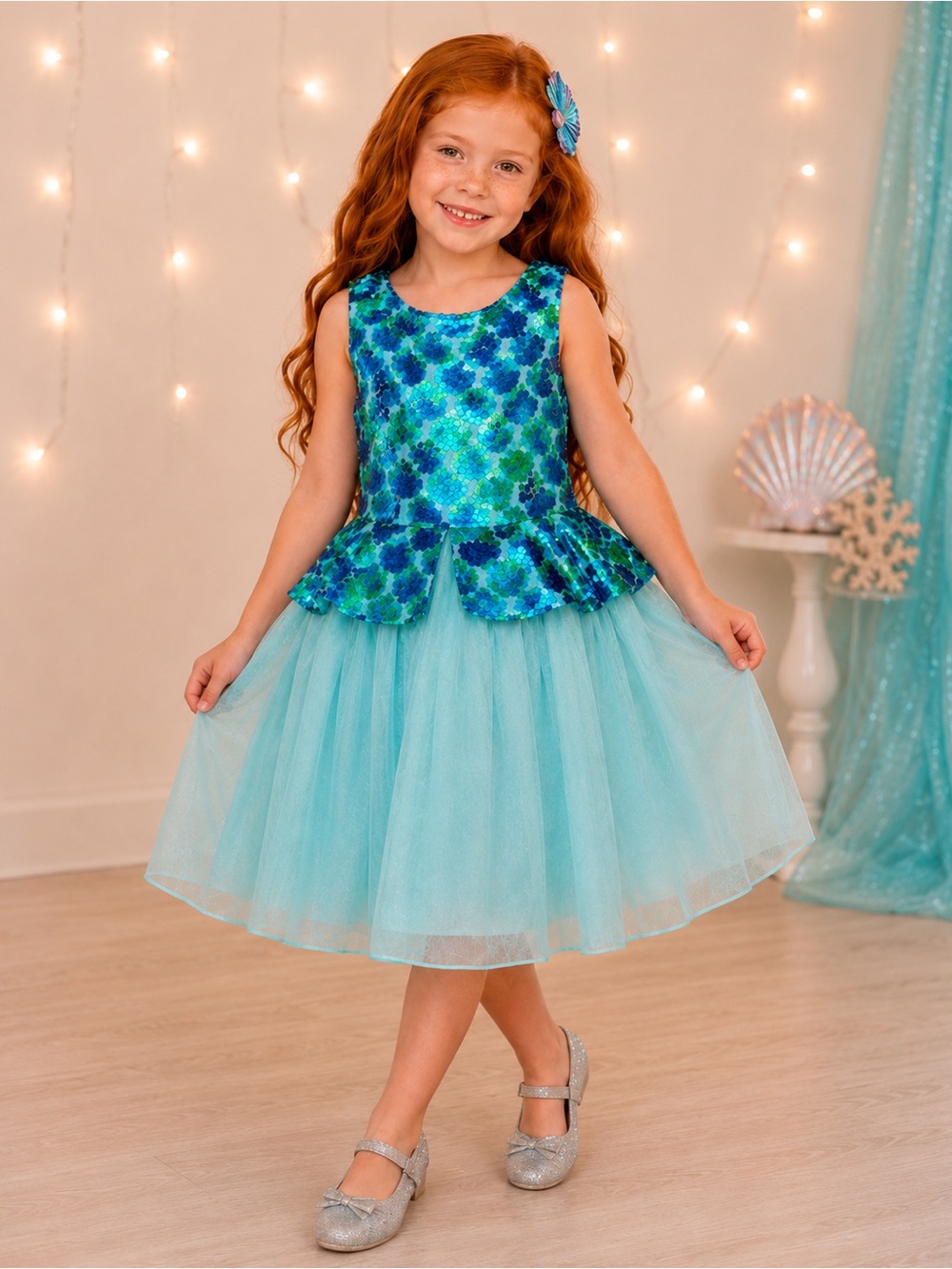 Disney Store Ariel Little Mermaid Reversible Sequin Princess Costume Dress 5/6